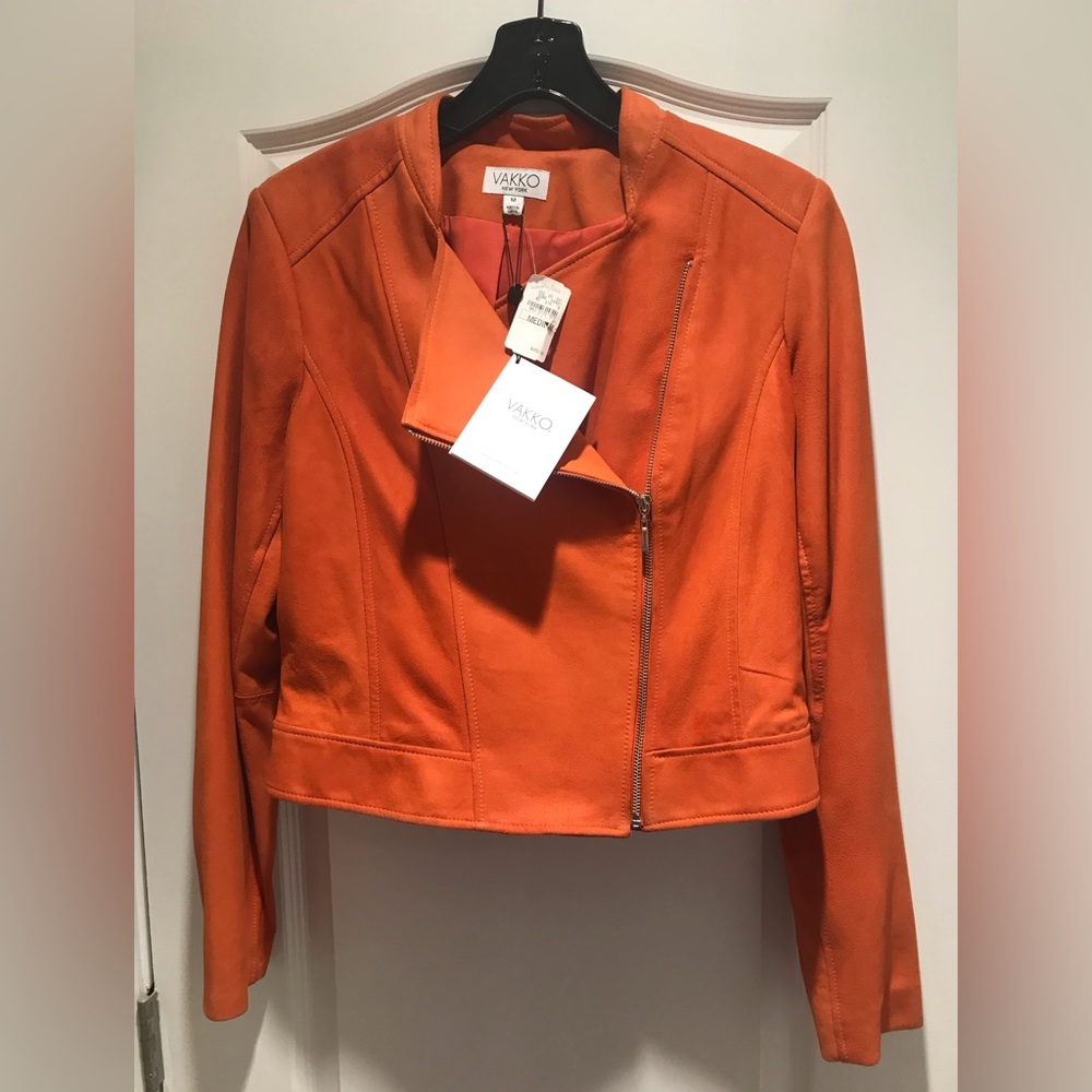VAKKO New York New Motto jacket. Soft orange leather/suede like , size M.